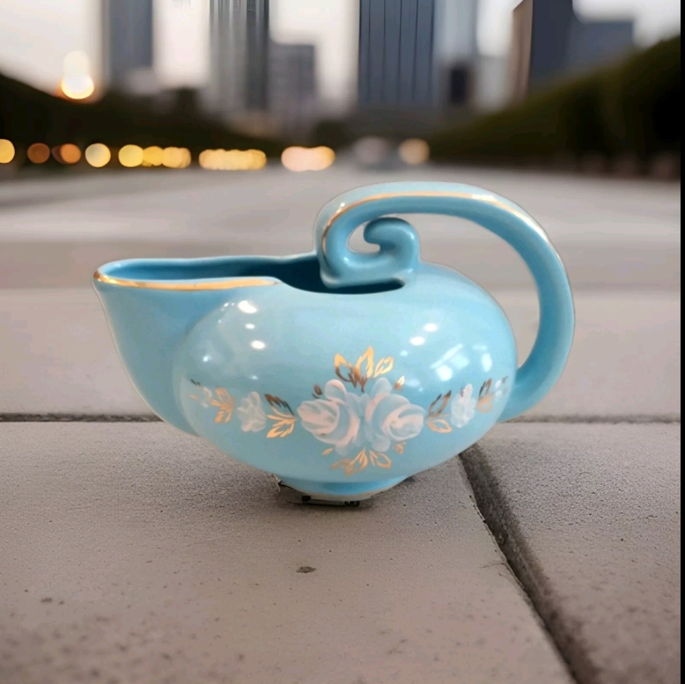Vintage Camark Pottery NOR-SO Pitcher Light Blue Gold Accents